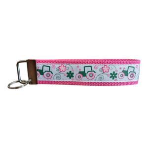 Tractor Keychain Wristlet Handmade Fabric Key FOB Floral Farmer‎ Farm Pink Green